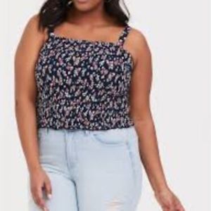 Torrid Women's Size 0 Large 12 Navy Blue Floral Challis Smocked Crop Top Cami